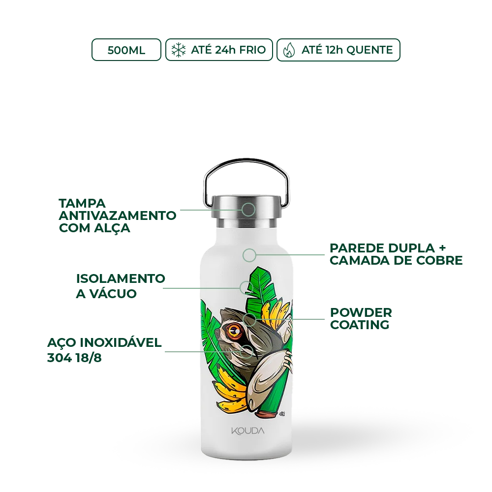 Garrafa Térmica Martial - Bicho Preguiça - F. Garu - 500ml - Branco