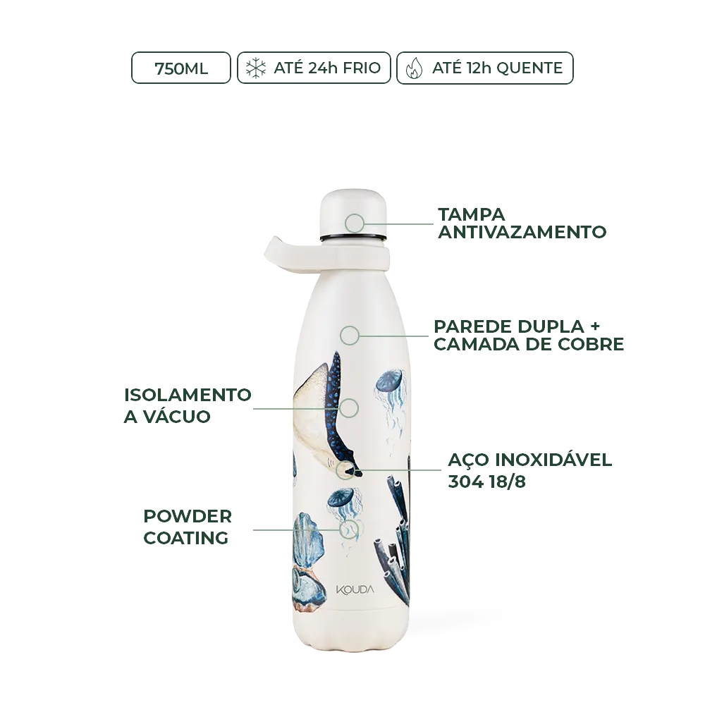 Garrafa Kouda Grey 750ml - Fauna e Flora Marinha - Clara Calmon - Branco