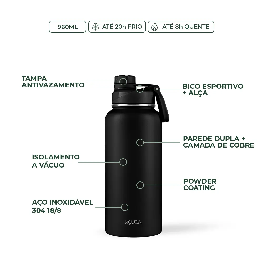 Garrafa Térmica Kouda Ladakh - 960ml - Preto