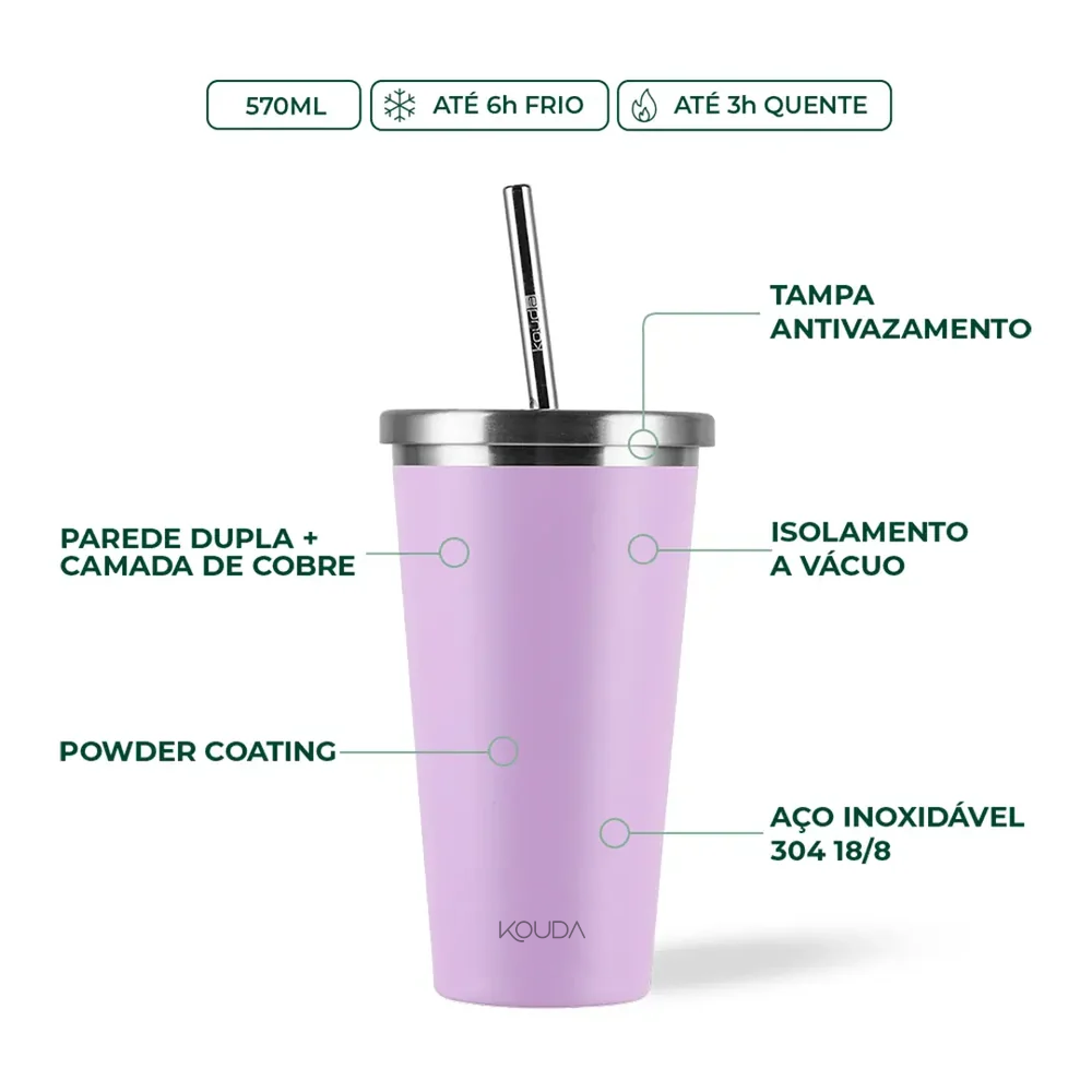 Copo Térmico com Canudo Kouda Beni - 570ml - Lavanda