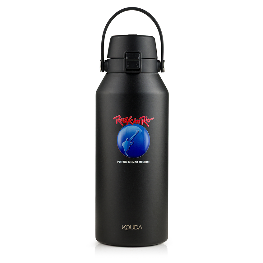 Garrafa Térmica Kouda Vega - 1 Litro - Rock in Rio - Globo - Preto