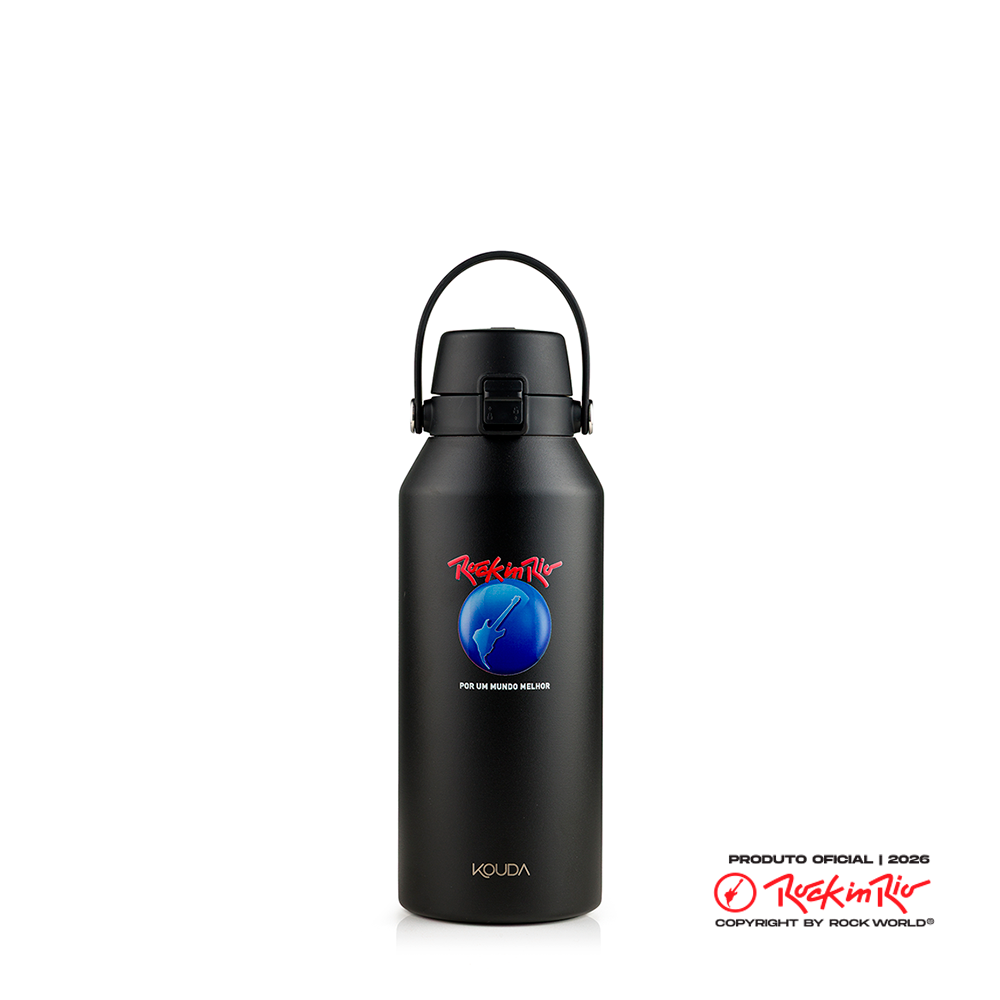 Garrafa Térmica Kouda Vega - 1 Litro - Rock in Rio - Globo - Preto