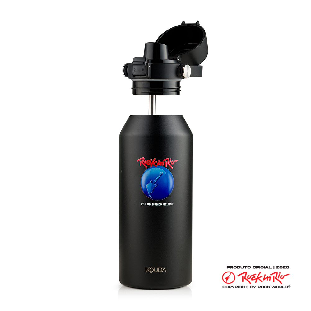 Garrafa Térmica Kouda Vega - 1 Litro - Rock in Rio - Globo - Preto