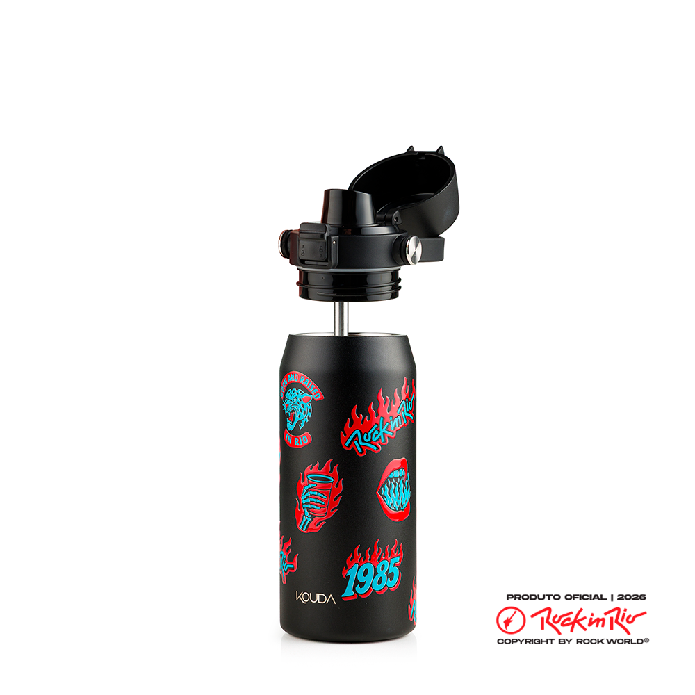 Garrafa Térmica Kouda Vega - 500ml - Rock in Rio - On Fire - Preto